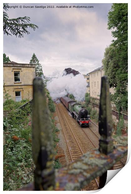 Mayflower steam train through the railings  Print by Duncan Savidge
