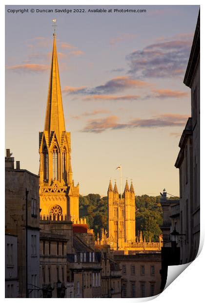 Last light catches St Michael's Church and the Bath Abbey Print by Duncan Savidge