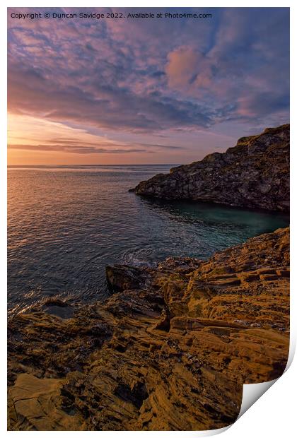 Sunrise on the rocks at Maenporth, South Cornwall Print by Duncan Savidge