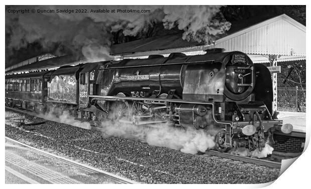 Duchess of Sutherland steam train pulling into Bath spa at night Print by Duncan Savidge