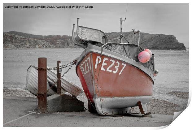 Fishing boat at Lulworth Cove colout splash Print by Duncan Savidge