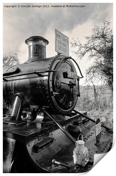 Large Prairie 4110 in black and white at Mendip Vale East Somerset Railway  Print by Duncan Savidge