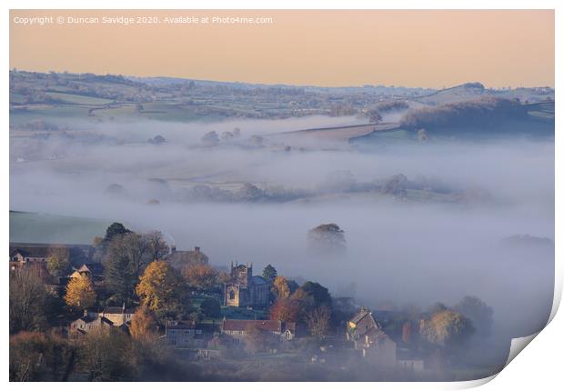 Autumnal mist of Englishcombe Village near Bath Print by Duncan Savidge