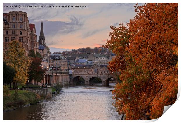 Beautiful Autumn Colours at the end of the day at Pulteney Weir Bath Print by Duncan Savidge