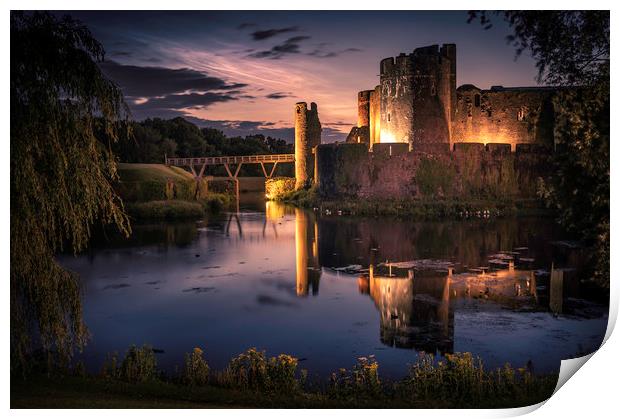 Caerphilly Castle with noctilucent clouds Print by Warren Evans
