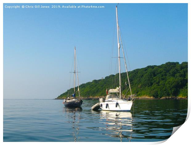 Boats at Anchor, Oxwich Point Print by Chris Gill Jones