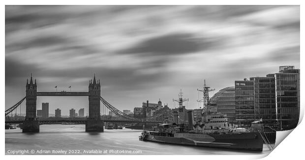 HMS Belfast & Tower Bridge monochrome Print by Adrian Rowley