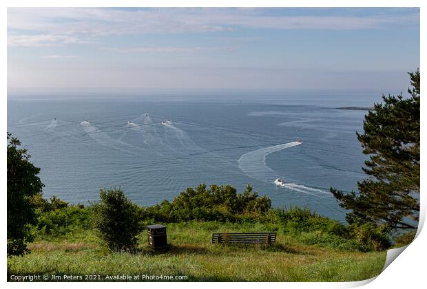 Fishing boats head out to sea from Looe on a bright sunny morning Print by Jim Peters