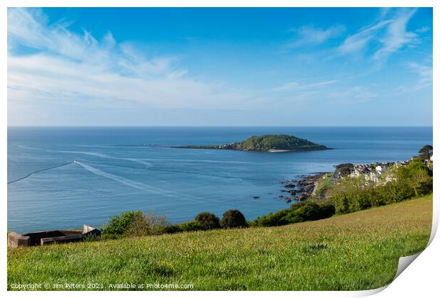 Lone fishing boat heading out to sea at Looe on a bright sunny morning Print by Jim Peters