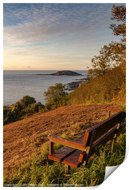 Wooden bench overlooking Looe bay & Looe island in the early morning sun Print by Jim Peters
