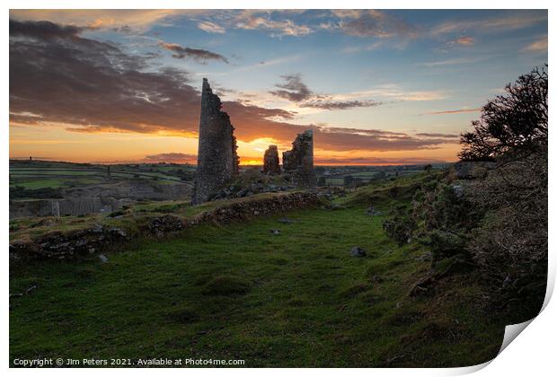 Sunset over Pearce's  mineshaft on Bodmin Moor  Print by Jim Peters