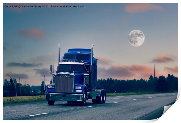 American Truck Bobtailing Under Full Moon Print by Taina Sohlman