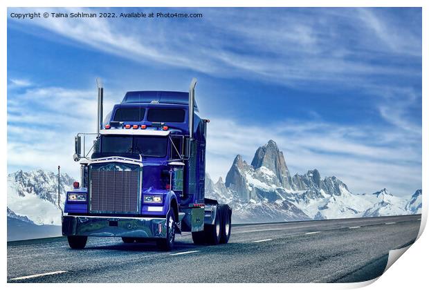 Blue Conventional American Semi Tractor on Road th Print by Taina Sohlman
