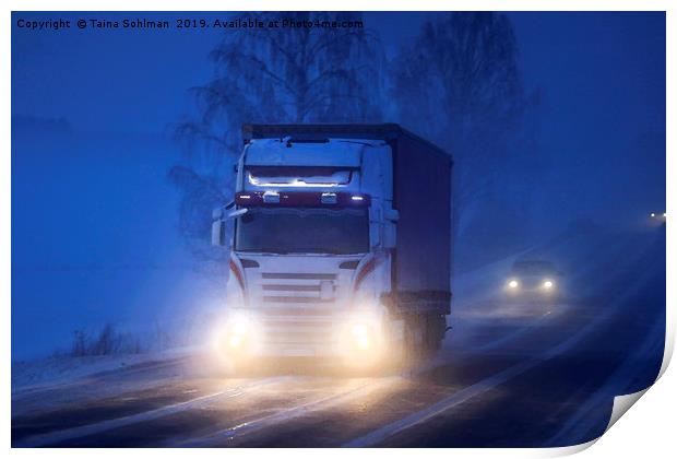Truck Transport on Foggy Winter Night Watercolour  Print by Taina Sohlman