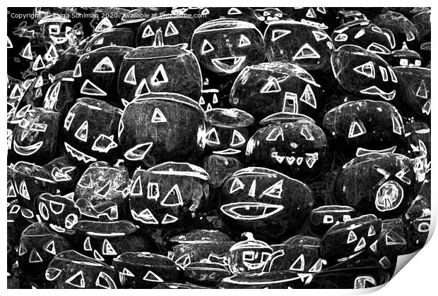 Glowing Halloween Pumpkins Black and white Print by Taina Sohlman
