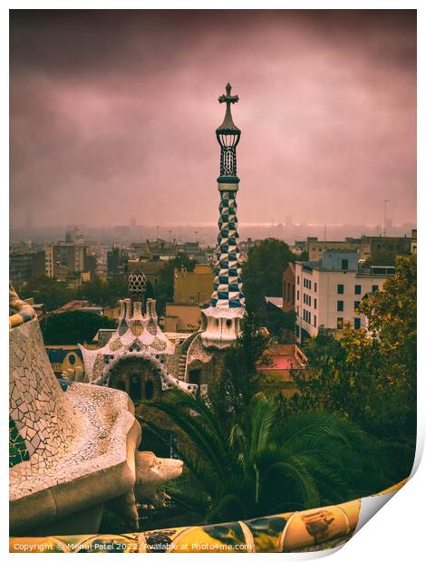 View from Parc Guell on a misty cloudy morning, Barcelona, Catalonia, Spain Print by Mehul Patel