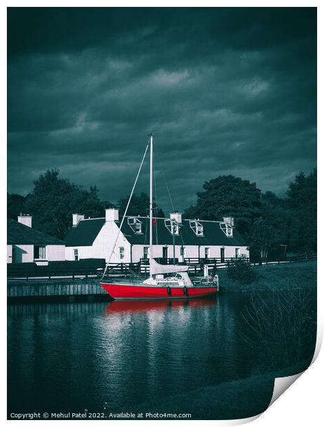 Red sailboat moored in water near traditional style homes Print by Mehul Patel