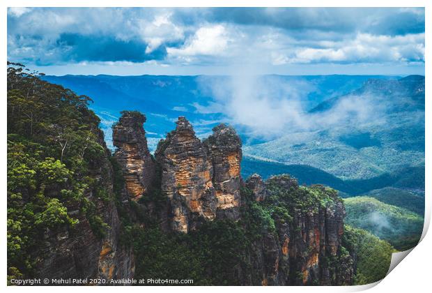 Three Sisters  rock formation overlooking the Jamison Valley in the Blue Mountains, Katoomba, New South Wales, Australia Print by Mehul Patel
