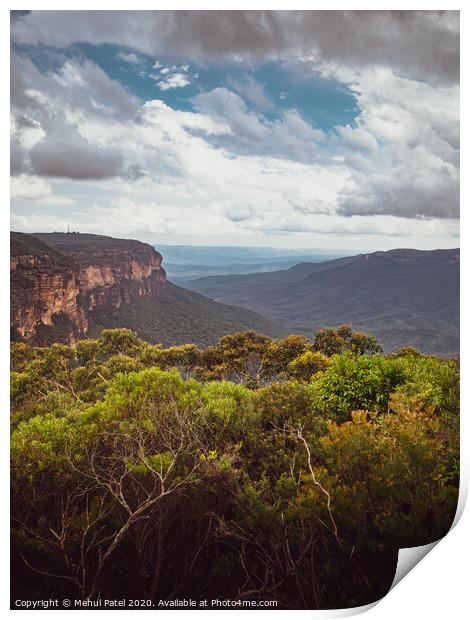 View of the Jamison Valley across the Blue Mountains from the Wentworth Falls lookout, Wentworth Falls, New South Wales, Australia Print by Mehul Patel