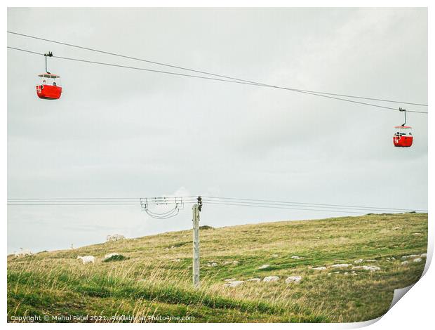 Red cable cars and goats on hill at the Great Orme Country Park above Llandudno, North Wales, UK Print by Mehul Patel