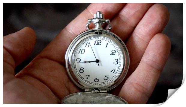 Old antique pocket watch showing time being held i Print by Dragos Nicolae Dragomirescu