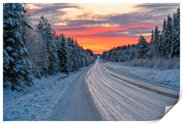 winter road in Varmland Sweden and orange sunrise Print by Jonas Rönnbro