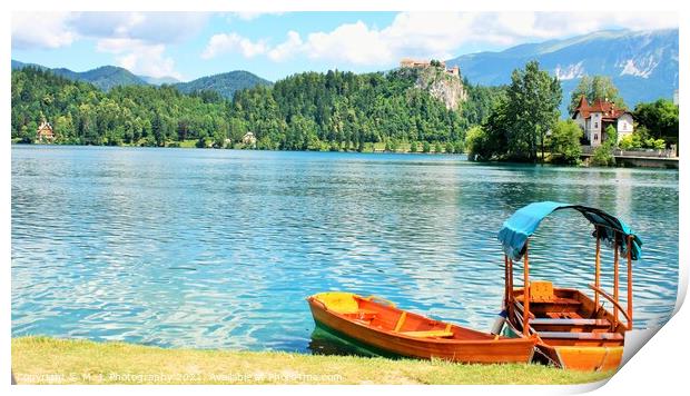 Boats at the Bled Island, Lake Bled, Slovenia. Print by M. J. Photography