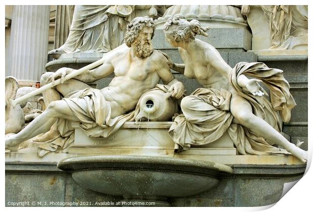 Mythology scene on fountain in the front of Vienna parliament Print by M. J. Photography