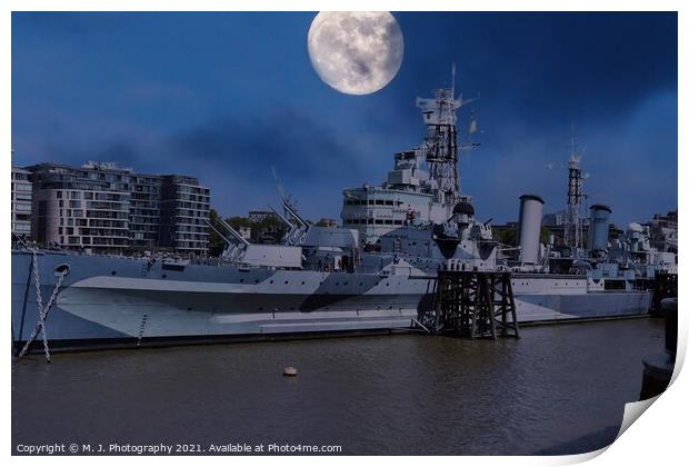The Moon over HMS Belfast -Town-class light cruise Print by M. J. Photography