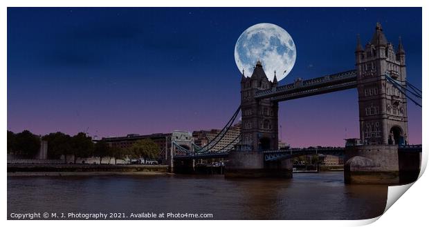 The Moon over the Tower bridge in London Print by M. J. Photography