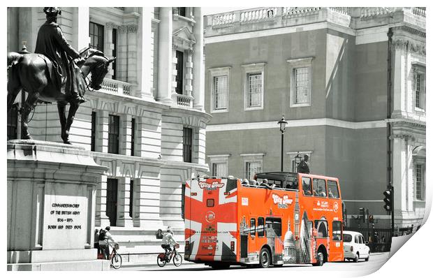 black and white image with London red bus Print by M. J. Photography