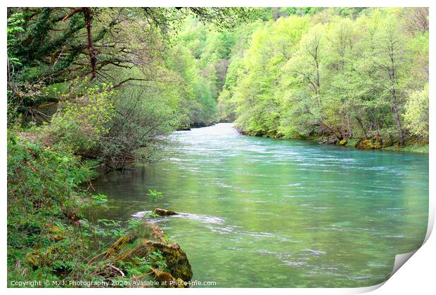 idyllic place in forest with river pure water Print by M. J. Photography