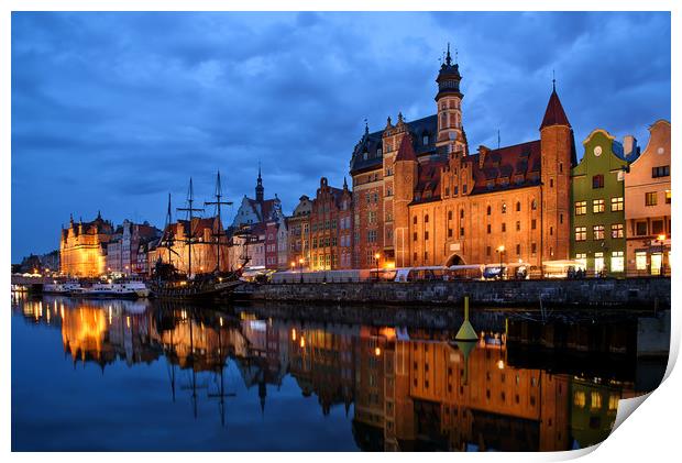 Night view of Gdansk harbor and Motlawa River Print by Wdnet Studio