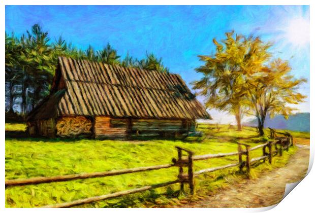 Old lonely wooden barn in the mountains Print by Wdnet Studio