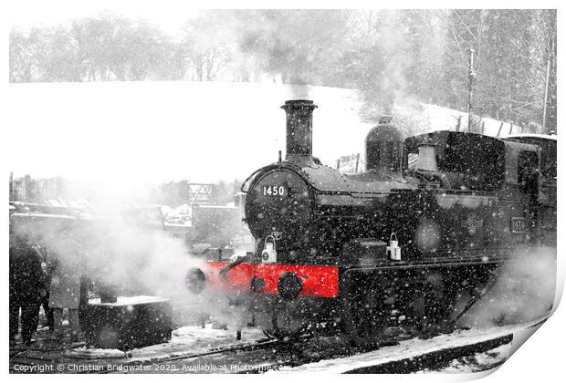 Steam train in snow Print by Christian Bridgwater