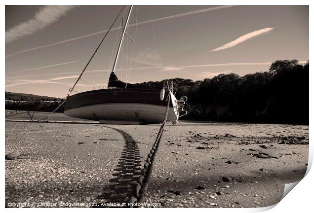 Yacht at New Quay beach Print by Christian Bridgwater