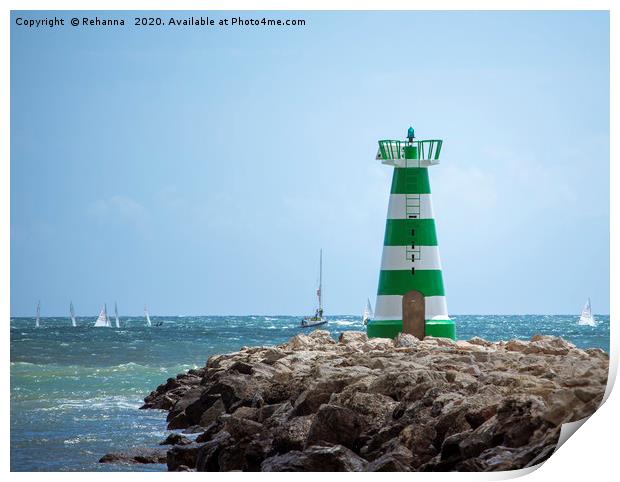 Sailboats speed past Vilamoura Lighthouse, Portuga Print by Rehanna Neky