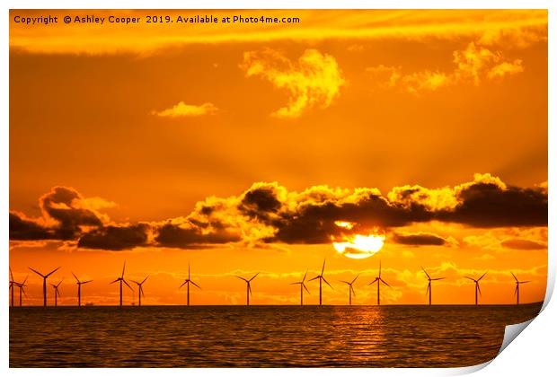 Sunset over the Walney offshore Wind farm Print by Ashley Cooper