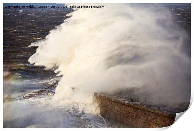 Storm waves batter Whitehaven harbour. Print by Ashley Cooper