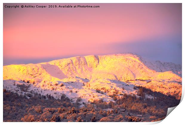 Glowing mountain Print by Ashley Cooper