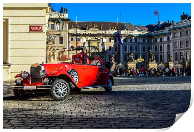 Vintage red car and the Prague Castle Print by Jelena Maksimova