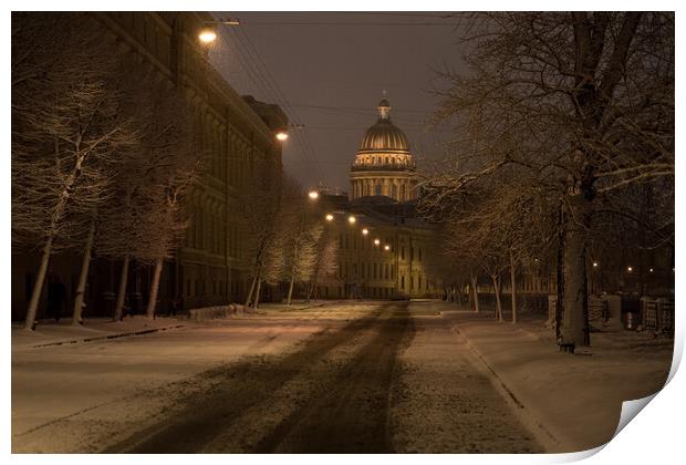 Predawn Snowfall in the City of Dostoevsky Print by David Bokuchava