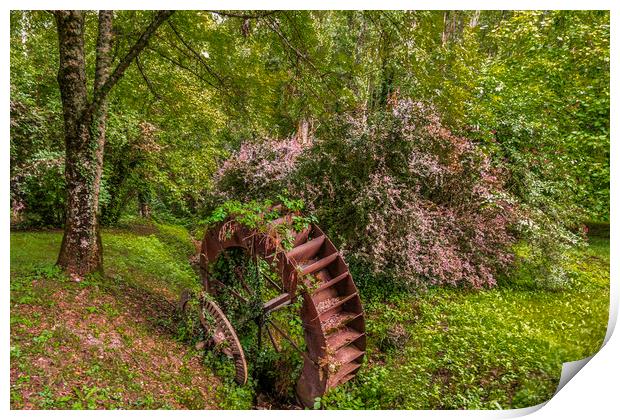 old rustic mill wheel in ax-les-thermes forest Print by Mario Koufios