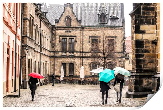 umbrella day in the streets of prague Print by Mario Koufios