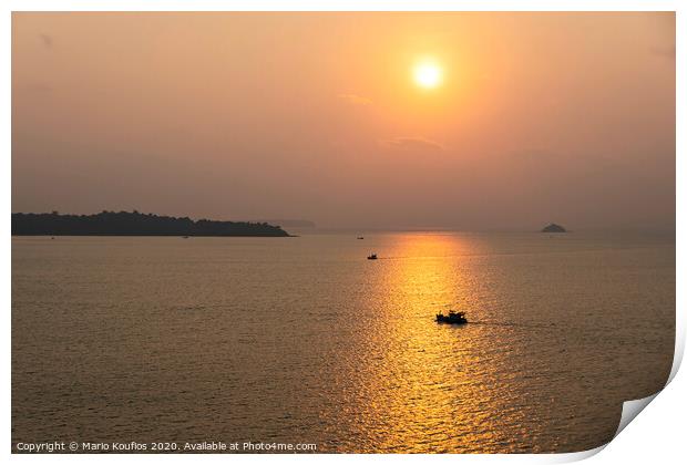 sunset with fishing boats in the vicinity singapore Print by Mario Koufios