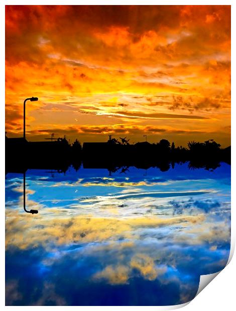 Abstract sunrise / sunset over silhouette village Print by Paul Cooper