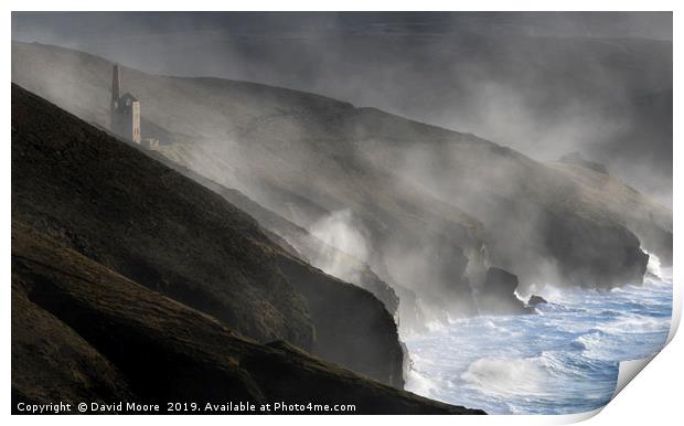 Storm wave spray drifting up to Wheal Coates Print by David Moore