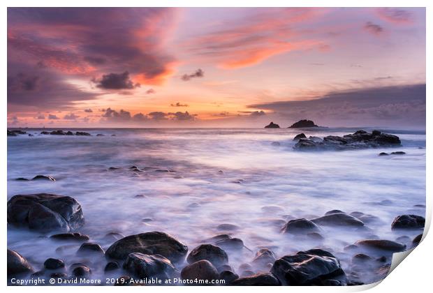 Porth Nanven sunset in Cornwall Print by David Moore