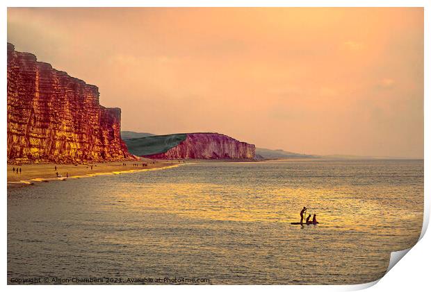 Sunset Paddle Boarders At West Bay  Print by Alison Chambers