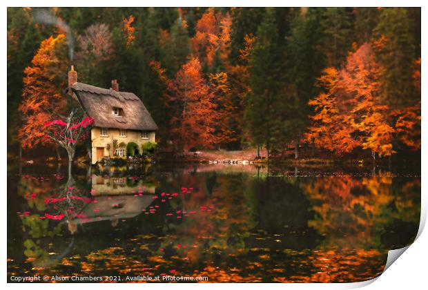 Cottage At Autumn Glory Lake Print by Alison Chambers